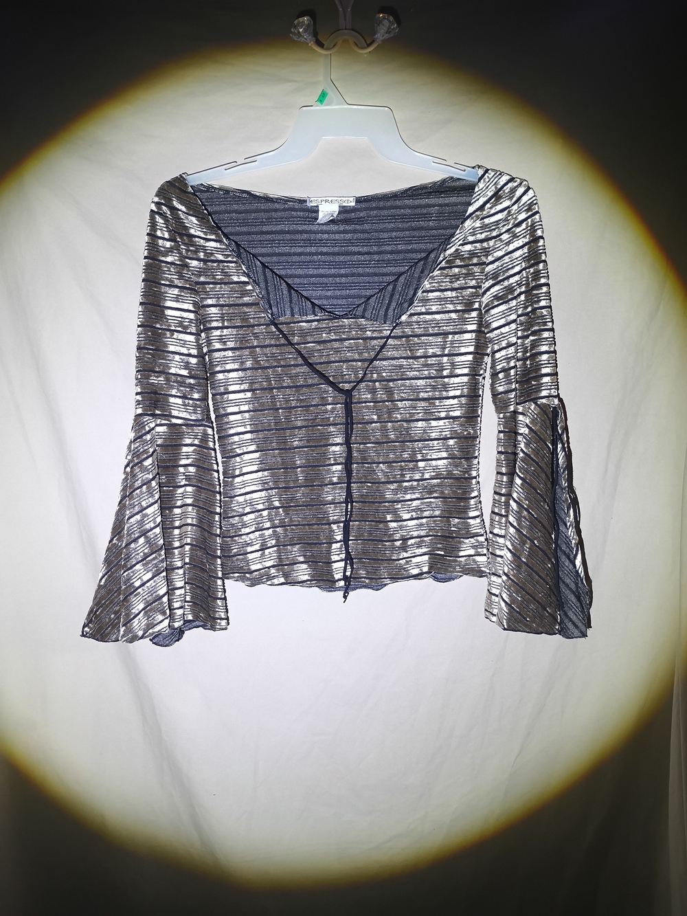 Vintage Espresso 4 Metallic Silver Shimmer Bell Sleeve Top Cyber Y2K Size L
